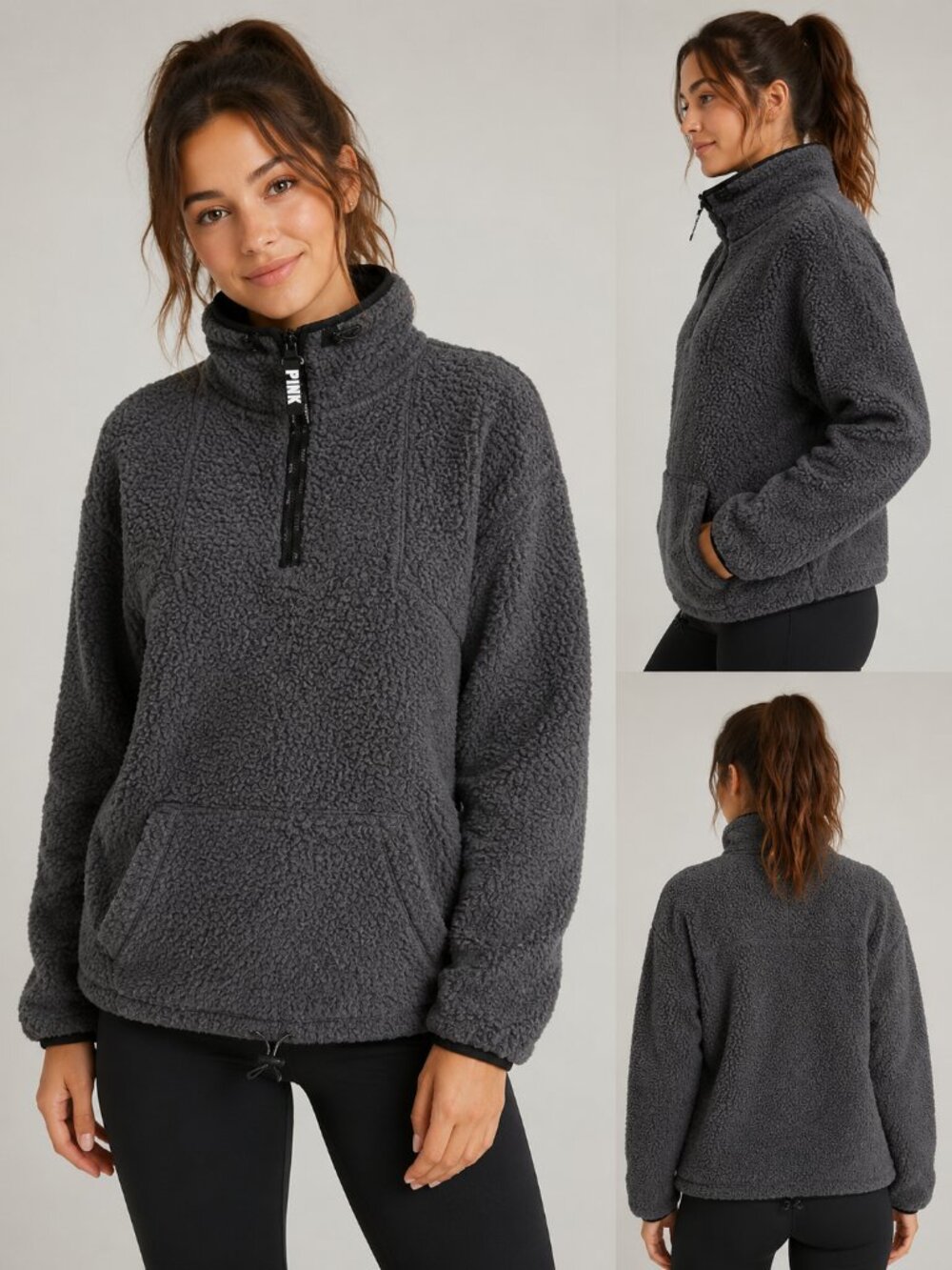 PINK Victoria’s Secret Sherpa Pullover Women’s Medium Gray 1/4 Zip